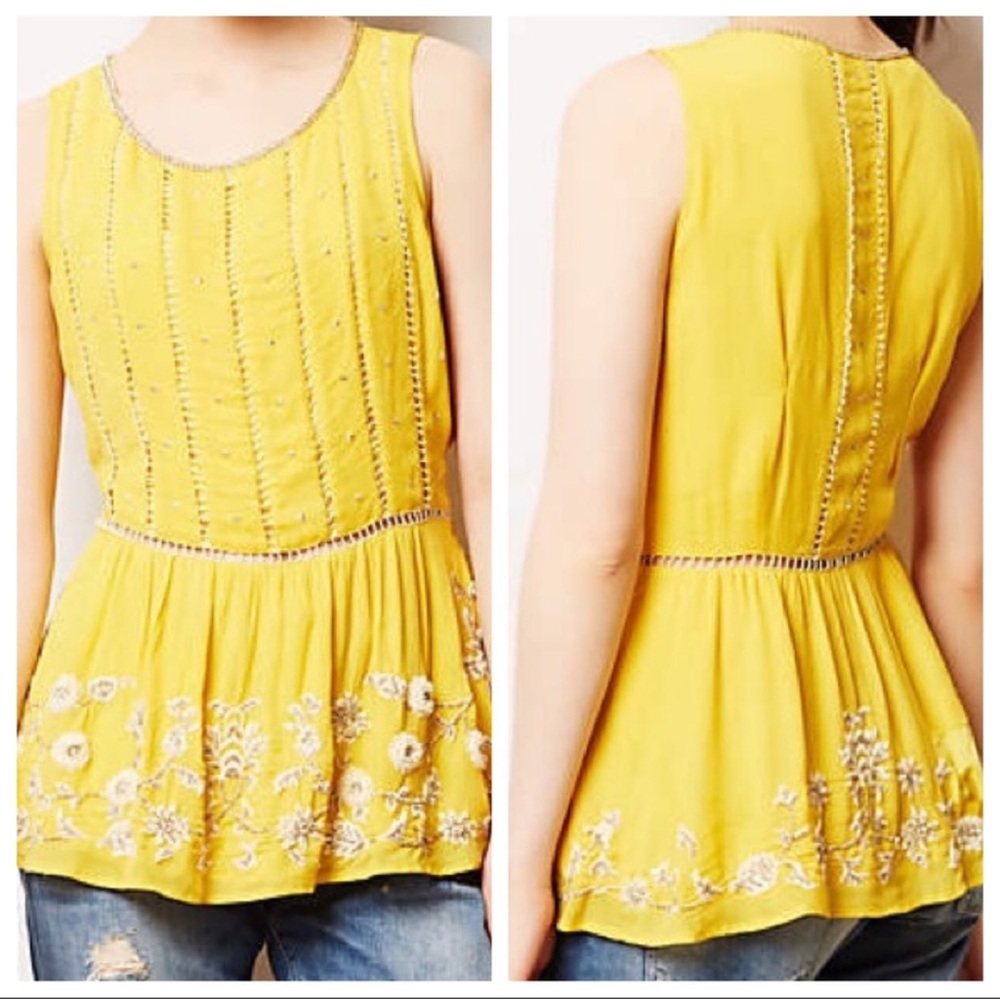Maeve Anthropologie Yellow Beaded Calendula Peplum Top Size 6 Bright